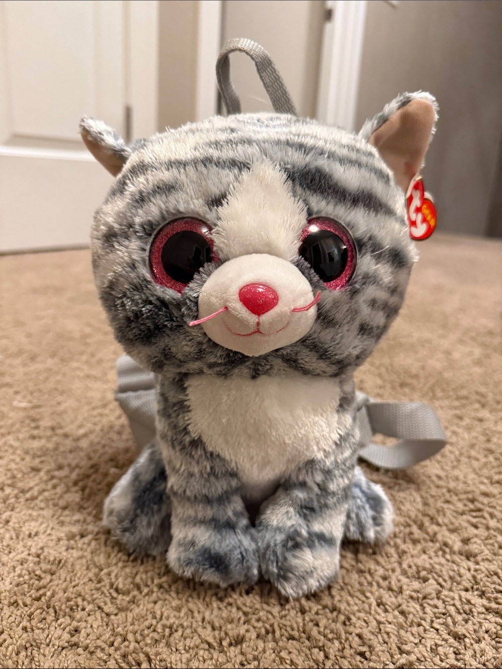 Ty Plush Gray Striped Cat Backpack with Pink Accents